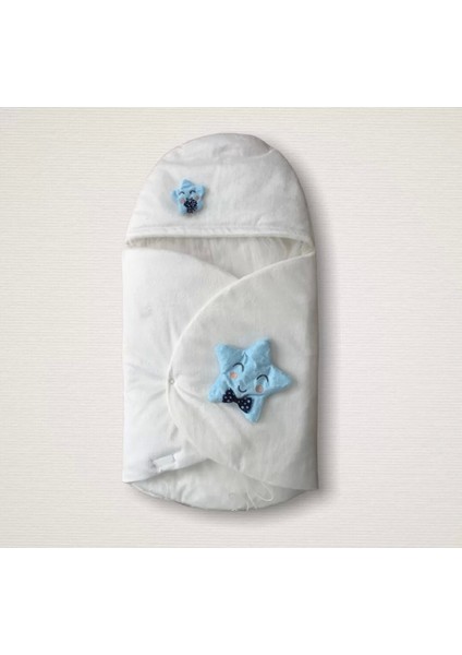 Yenidoğan Çift Yıldız Detaylı Şapkalı Duvaklı Erkek Bebek Klasik Kundak Bebek Battaniyesi Ekru