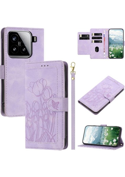 Xiaomi 15 Lale Kabartmalı Flip Case Manyetik Pu Için Moda Cüzdan Kılıf (Yurt Dışından)