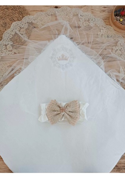 Yenidoğan Teri Cotton Taç Nakışlı Prizma Taş Kundak Bebek Battaniyesi Bej indirimleri