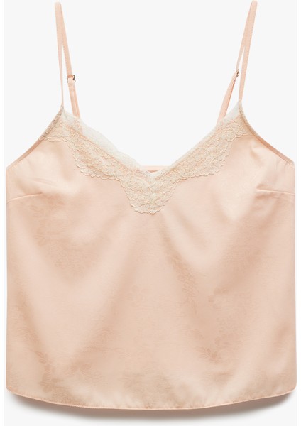 Yeni Sezon Dantel Detaylı V Yaka Saten Ince Askılı Pijama Üst