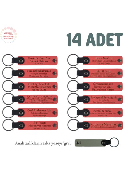 Nar Çiçeği & Gri, Mevlit Hatırası Için Üzerinde Isim Yazılabilen Hediyelik Anahtarlık 14’lü Set