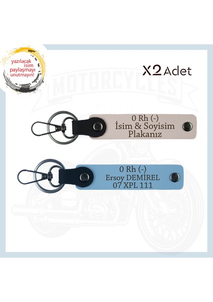 Pudra-Gök Mavi, Motorcu Tarzına, Isim Plaka ve 0 Rh (-) Kan Grubu Yazılı Hediyelik 2'li Anahtarlık