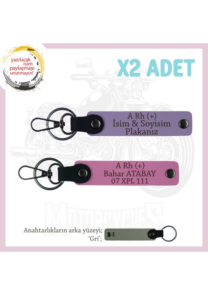 Motor Severlere Özel, Isim Plaka, A Rh (+) Kan Grubu Yazılı Özel Tasarım X2 Anahtarlık, Mor-Pembe-Gr