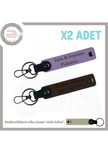 Motor Stiline Uygun, Kişiye Özel Deri 2’li Anahtarlık, Plaka ve Isim Yazılı, Mor-K Kahve-Sk