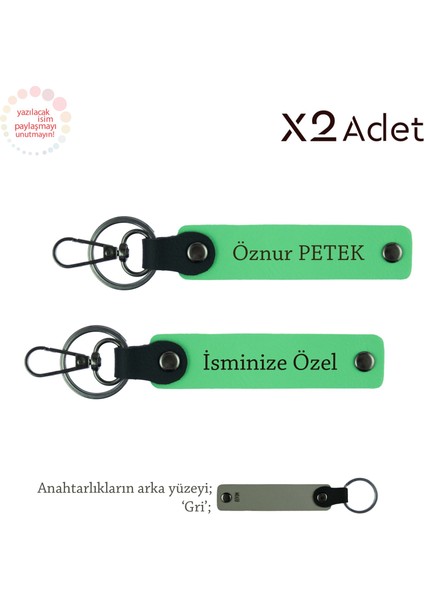 Çiftlere Yıl Dönümü Hediyesi, Isim Yazılı 2’li Anahtarlık Takımı, Fıstık Yeşil-Gri