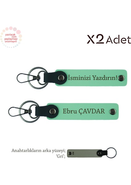 Kardeşe Doğum Günü Armağanı, Isimli ve Soyadı Yazılı Tasarım 2’li Anahtarlık Takımı, Yeşil-Gri