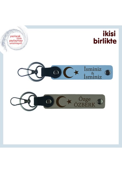 Evlat Için Gurur Yüklü Hatıra – Ay Yıldız Desenli Kişiye Özel Isimli Anahtarlık, Gök Mavi-Kül Gri