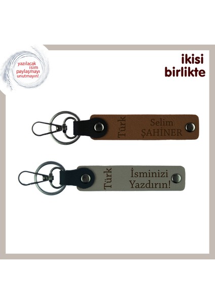 Çiftlere Anlamlı Hediye, Türk Yazısı Desenli Isim Soyisim 2’li Anahtarlık, A Kahve-Kül Gri