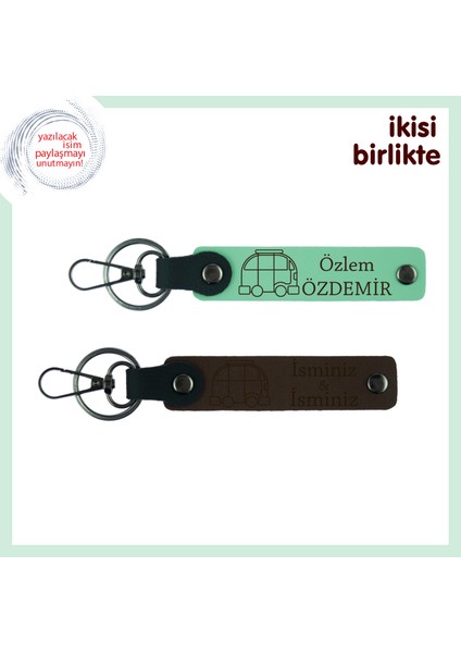 Eşinle Paylaşılacak Gezgin Temalı Set, Karavan Desenli Anahtarlık Takımı, Açık Yeşil-Koyu Kahve