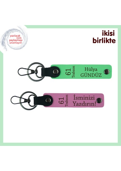 Trabzon Temalı 61 Yazılı Deri Anahtarlık 2'li Set, Isminiz Yazılı Özel Set, Fıstık Yeşil-Pembe