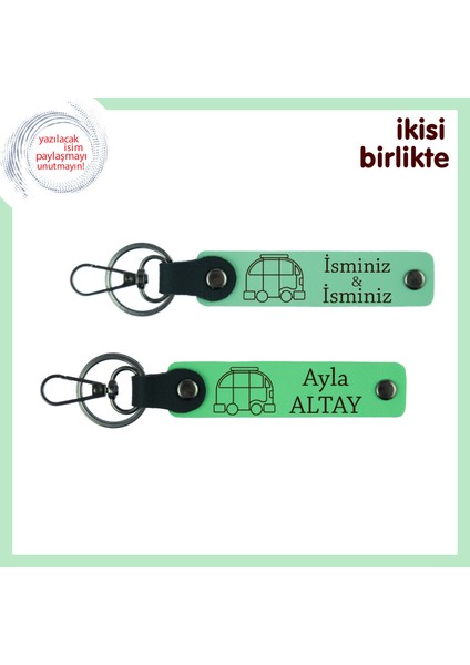 Karavanıyla Tüm Ülkeyi Gezenlere, Kişisel Deri Anahtarlık 2’li Set, Açık Yeşil-Fıstık Yeşil
