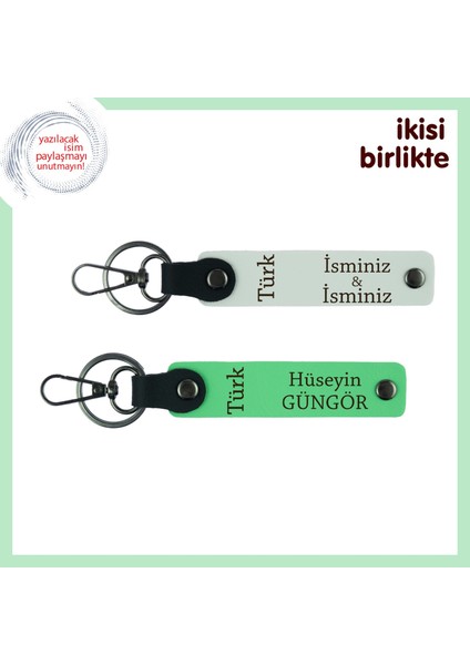 Kişiye Özel Tasarımlı Türk Yazısı Temalı 2’li Isim Yazılı Anahtarlık Seti, Beyaz-Yeşil