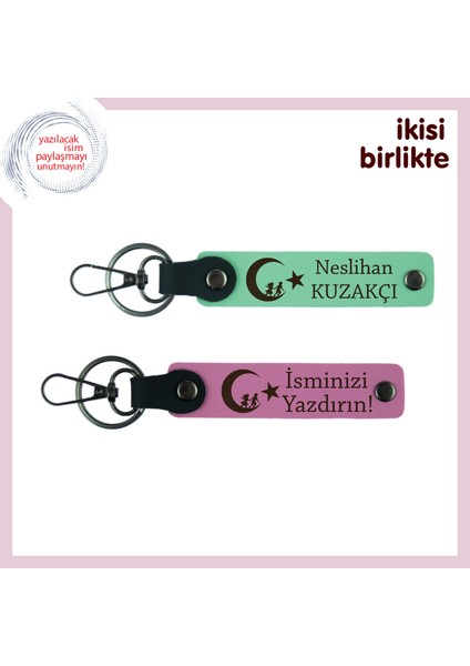 Kız Kardeşe Unutulmaz Hediye, Çocuk ve Ayyıldız Temalı Isimli 2’li Anahtarlık, Açık Yeşil-Pembe