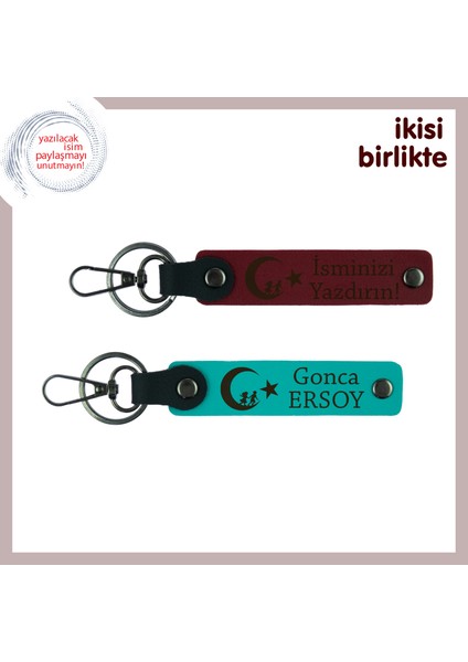 Çocuk ve Ayyıldız Desenli Öğretmene Hediye – Isme Özel 2’li Set Anahtarlık, Bordo-Turkuaz