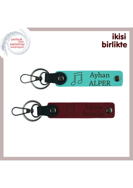 Nota Deseniyle Aşkı Anlatan Hediye, Isimli Deri Anahtarlık Takımı, Turkuaz-Bordo