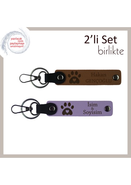 Patili Kalpli Motifle Hazırlanan Kişisel Deri Anahtarlık Seti, Isim Yazılabilir, Açık Kahve-Lila
