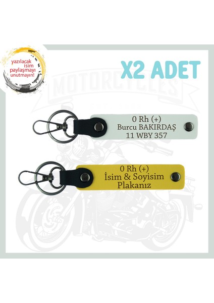 Sarı-Beyaz, Sürücü Için, Isim Plaka ve 0 Rh (+) Kan Grubu Yazılı Kişiselleştirilmiş 2'li Anahtarlık