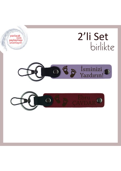 Ilk Çocuk Hediyesi Olarak Seçilecek Isimli Kalpli Ayak Temalı Anahtarlık Takımı, Mor-Bordo