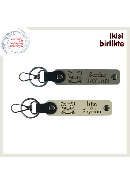 Sevgililer Günü Için Kedi Temalı Özel Hediye, Isimli Deri Anahtarlık Seti, Kül Gri-Sütlü Kahve