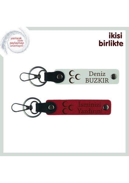 Akrabaya Hatıralık Hediye, Üç Hilal Kişisel Isimli 2’li Anahtarlık Takım, Beyaz-Kırmızı