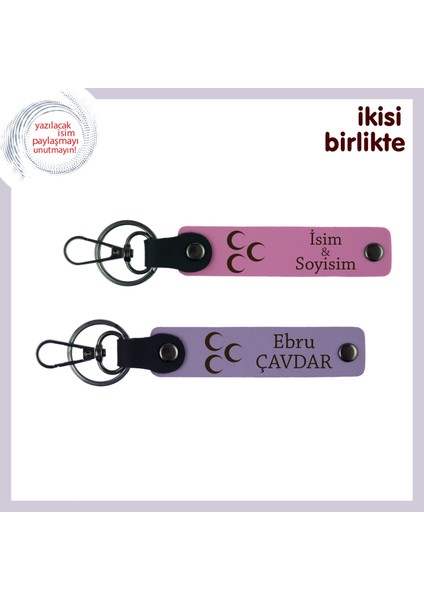 Ömürlük Hatıra – Üç Hilal, Kişiselleştirilebilir Deri Anahtarlık Seti, Pembe-Mor