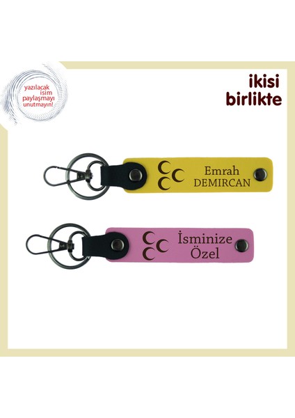 Sevgililer Gününe Özel Dokunuş – Üç Hilal Temalı Isimli Anahtarlık Hediyesi, Sarı-Pembe