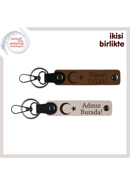 Öğretmene Kalıcı Hatıra, Ay Yıldızlı Isme & Soyisme Özel 2’li Anahtarlık Hediye, Açık Kahve-Pudra