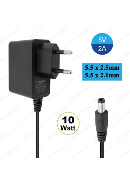 5 Volt 2 Amper 5.5mm x 2.5mm / 2.1mm Uçlu 10 Watt 5V 2A Adaptör