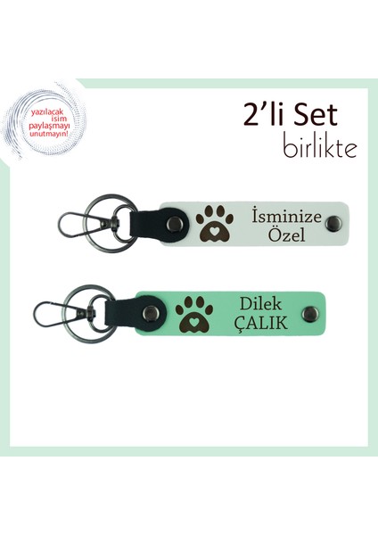 Kalpli Pati Figürlü 2’li Anahtarlık Seti, Evcil Hayvan Sahiplerine Özel, Beyaz-Açık Yeşil