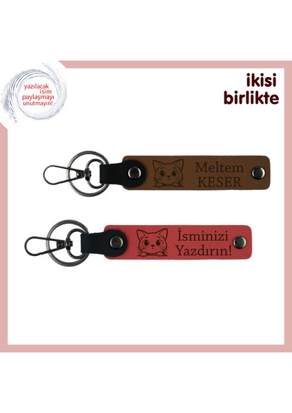 Sevdiğinle Paylaşabileceğin Patili Set, Kedili Kişiye Isimli Özel Anahtarlık, Açık Kahve-Nar Çiçeği