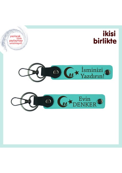 Milli Ruhu Yansıtan Hediye, Çocuk ve Ayyıldız Deri Anahtarlık Takım Isim Yazılı, Turkuaz-Turkuaz