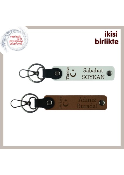 Kayınpedere Özel Hediye Ayyıldız ve Türkiye Temalı Isim Soyisim Yazılı Anahtarlık Set, Beyaz-Kahve
