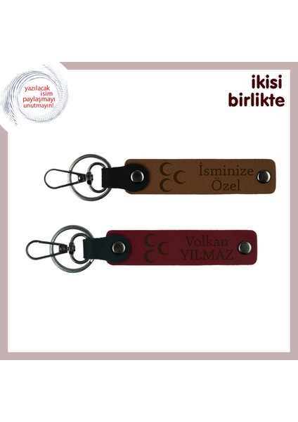 Arkadaşa Hediye, Üç Hilal Desenli Isim Yazılı 2’li Anahtarlık Seti, Açık Kahve-Bordo