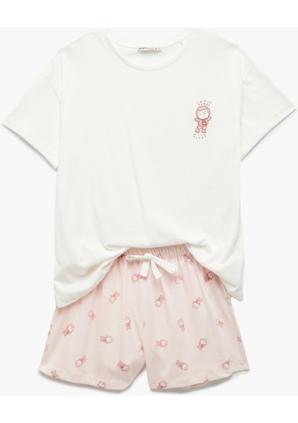Yeni Sezon Pamuklu Kısa Kollu Bisiklet Yaka Kedi Grafik Baskılı Şortlu Pijama Takımı