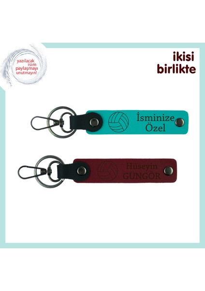Voleybol Temalı Kişisel Isim Yazılabilen Deri Anahtarlık, 2’li Hediyelik Set, Koyu Turkuaz-Bordo