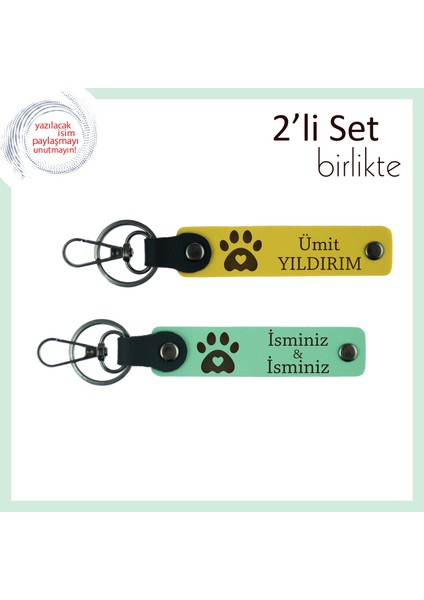 Köpeğini Unutmayanlara Sevgiyi Taşıyan Armağan, Kalpli Pati Motifli Anahtarlık Seti, Sarı-Açık Yeşil
