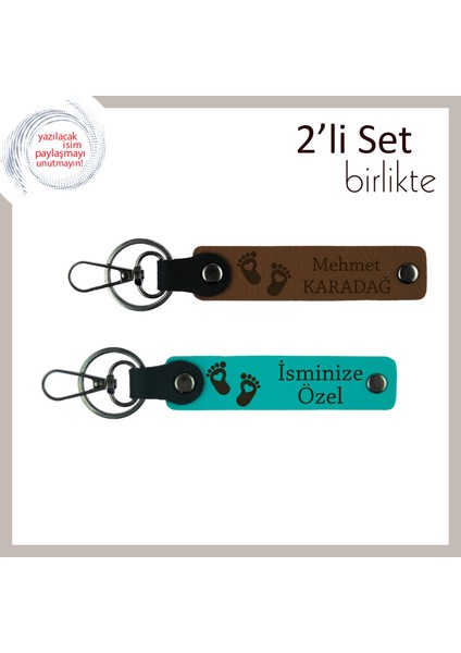 Bebeğinin Ilk Hediyesi Olarak Alın, Kalpli Bebek Ayağı Temalı Deri Anahtarlık Set, A Kahve-K Turkuaz
