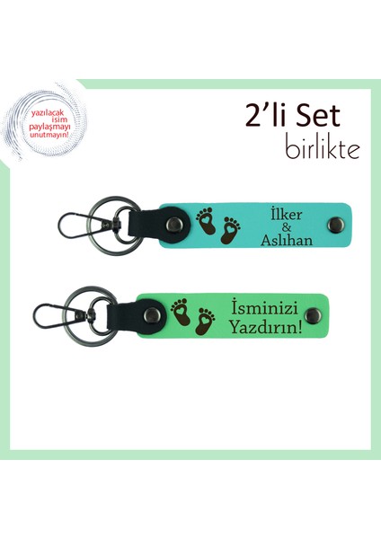 Yeni Bebek Için Hazırlanan Kalıcı Hatıralık, Kalpli Ayak Motifli Deri Anahtarlık, Turkuaz-F Yeşil