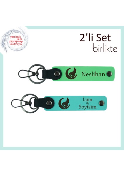 Çocuğuna Hatıralık – Bozkurt ve Ayyıldız Temalı Isimli 2’li Anahtarlık Takım, Fıstık Yeşil-Turkuaz