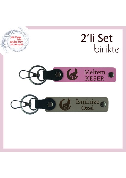 Ayyıldızın Aşkı – Sevgiliye Isme Özel Bozkurt ve Ayyıldız Deri Anahtarlık Hediyesi, Pembe-Kül Gri