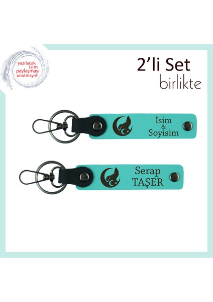 Milli Ruhu Yansıtan Hediye, Bozkurt ve Ayyıldız Deri Anahtarlık Takım Isim Yazılı, Turkuaz-Turkuaz