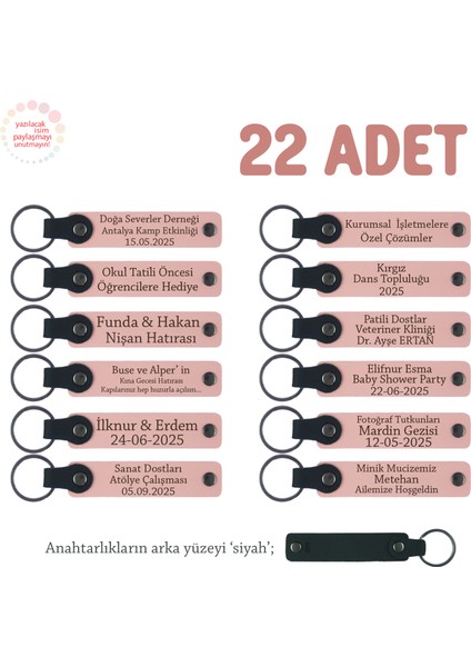 Sene Sonu Sınıf Hediyesi, 22'li Set, Kişisel Isimli ve Mesajlı Deri Hatıra Anahtarlık, Pudra & Siyah