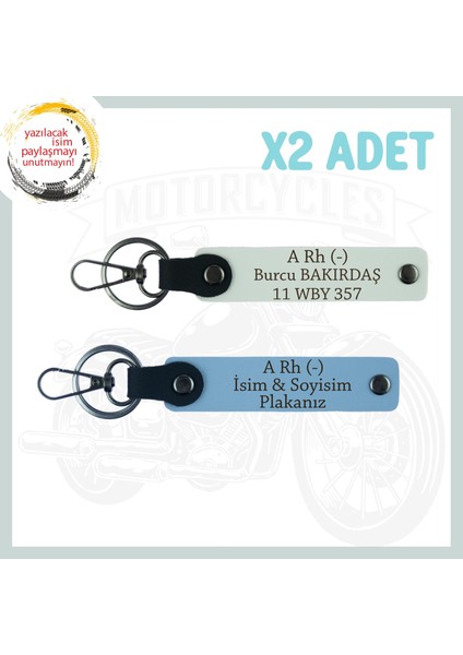 Gök Mavi-Beyaz, Sürücüler Için, Isim Plaka ve A Rh (-) Kan Grubu Yazılı Özel 2'li Anahtarlık Set