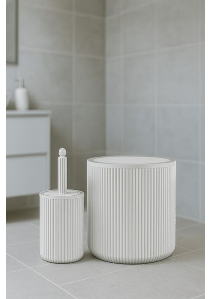 Lines Serisi Beyaz Banyo Seti, 2 Parça Akrilik Silindir 5 Litre Çöp Kovası ve Tuvalet Fırçası Takımı 3376