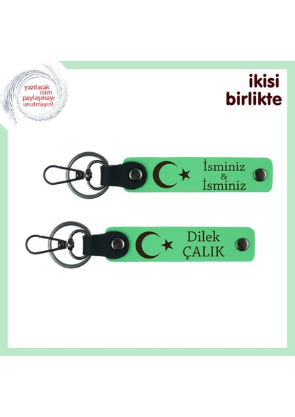 Müdüre Kurumsal Hediye – Ay Yıldız Desenli, Isme Özel 2’li Anahtarlık Seti, Fıstık Yeşil-Yeşil