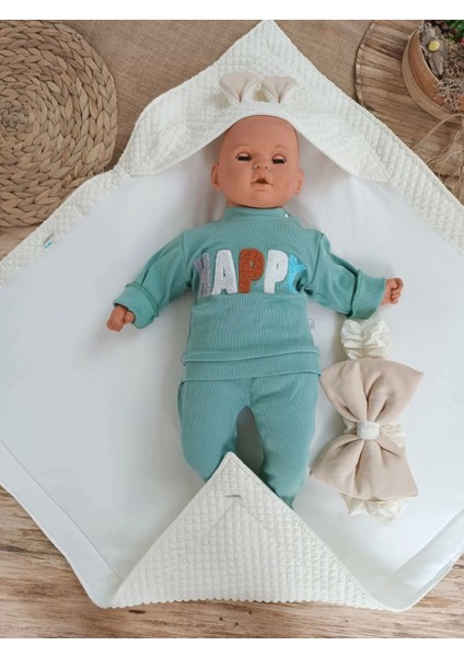 Yenidoğan Kulaklı Şapkalı Düğme Detaylı Fiyonklu Bebek Battaniyesi Kundak Krem modelleri