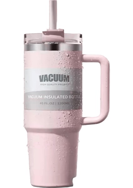 304 Paslanmaz Çelik Yalıtımlı Su Şişesi Termal Kahve Araba Kupası Soğuk Sıcak Kur Spor Için Saplı Pipetli Vakum Şişesi 40OZ Kapasite: 1000-1500ML / Renk: 1200ML Pembe (Yurt Dışından)