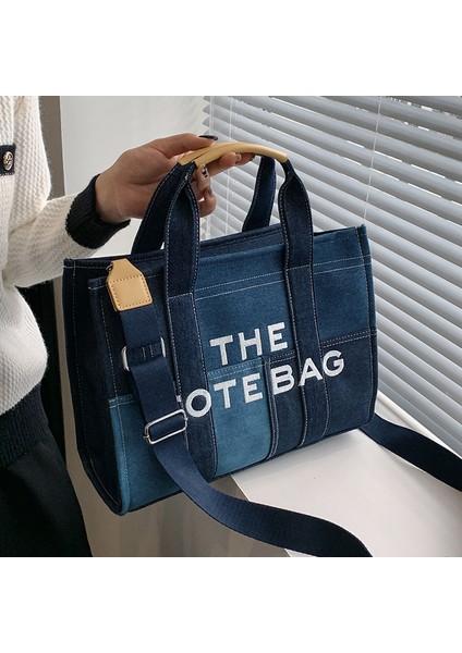 Yeni Işlemeli Harfli El Çantası Çapraz Askılı Çanta Kot Mavi Retro Dikişli Tote Çanta (Yurt Dışından)