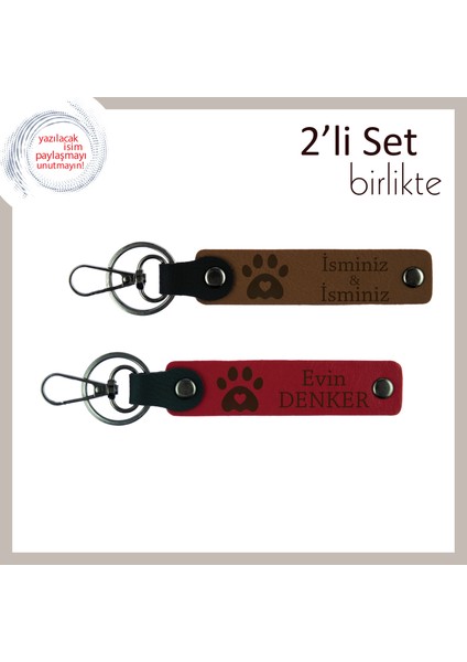 Hayvan Dostuna Duygusal Hediye, Pati ve Kalp Motifli Deri Anahtarlık Set, Açık Kahve-Kırmızı