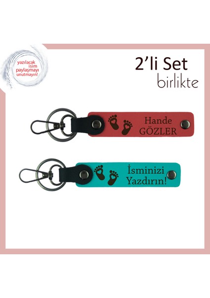 Kız ve Erkek Bebekler Için Uygun Kalpli Ayak Figürlü Deri Anahtarlık Seti, Nar Çiçeği-Koyu Turkuaz